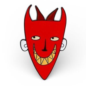 Red Devil Mask Enamel Pin – Spooky Smiling Face Design